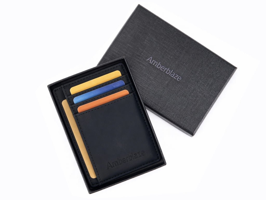 Amberblaze Minimalist Front Pocket Slim Wallet - Leather with Carbon Fiber Texture, RFID Blocking Protection