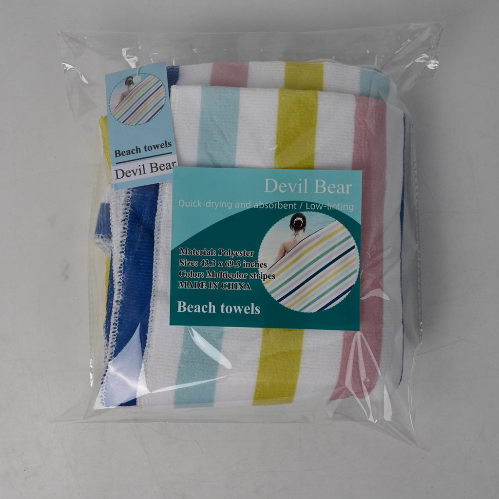 Devil Bear Beach Towel Oversized Rainbow Striped Quick Dry Microfiber Portable for Beach Pool and Gym