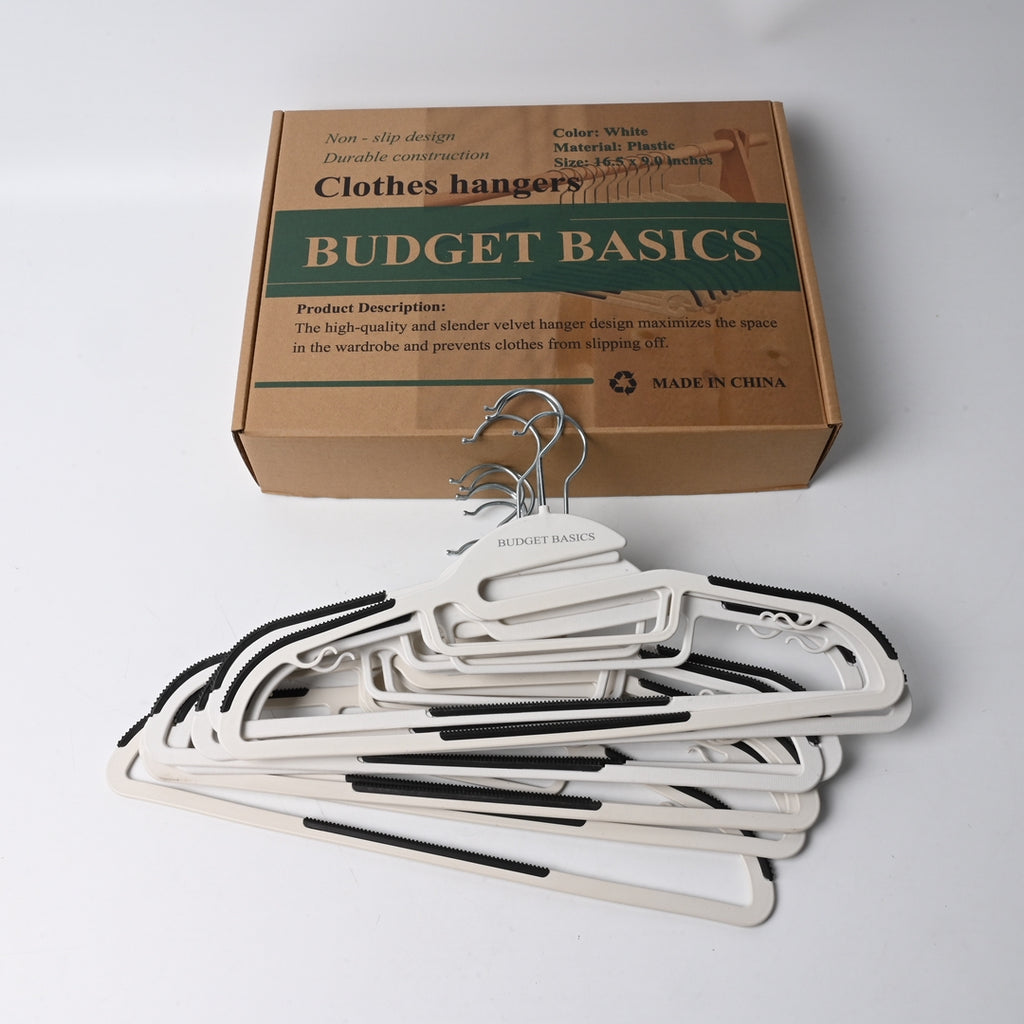 BUDGET BASICS Premium Plastic Clothes Hangers Durable Non Slip Wardrobe Clothes Hangers Space Saving Design