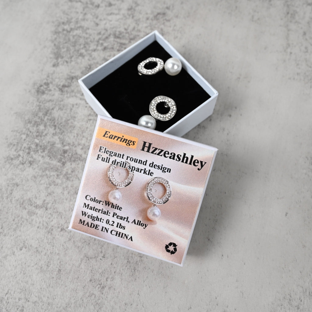 Hzzeashley Elegant Round Hollow Full Drill Pearl Earrings White Short Length Versatile Style