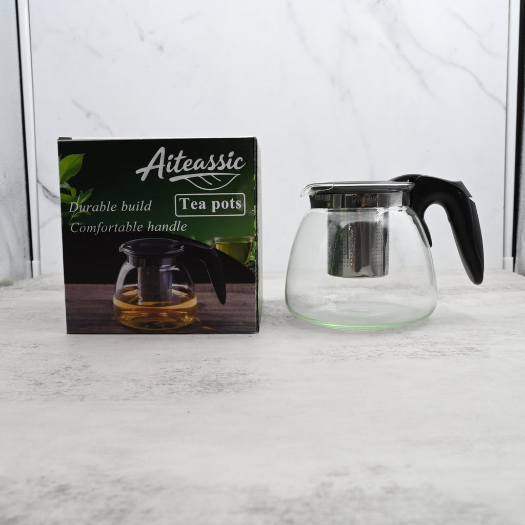 Aiteassic Elegant Tea Pots Black Glass Modern Teapot with Stainless Steel and Heat-Resistant Design