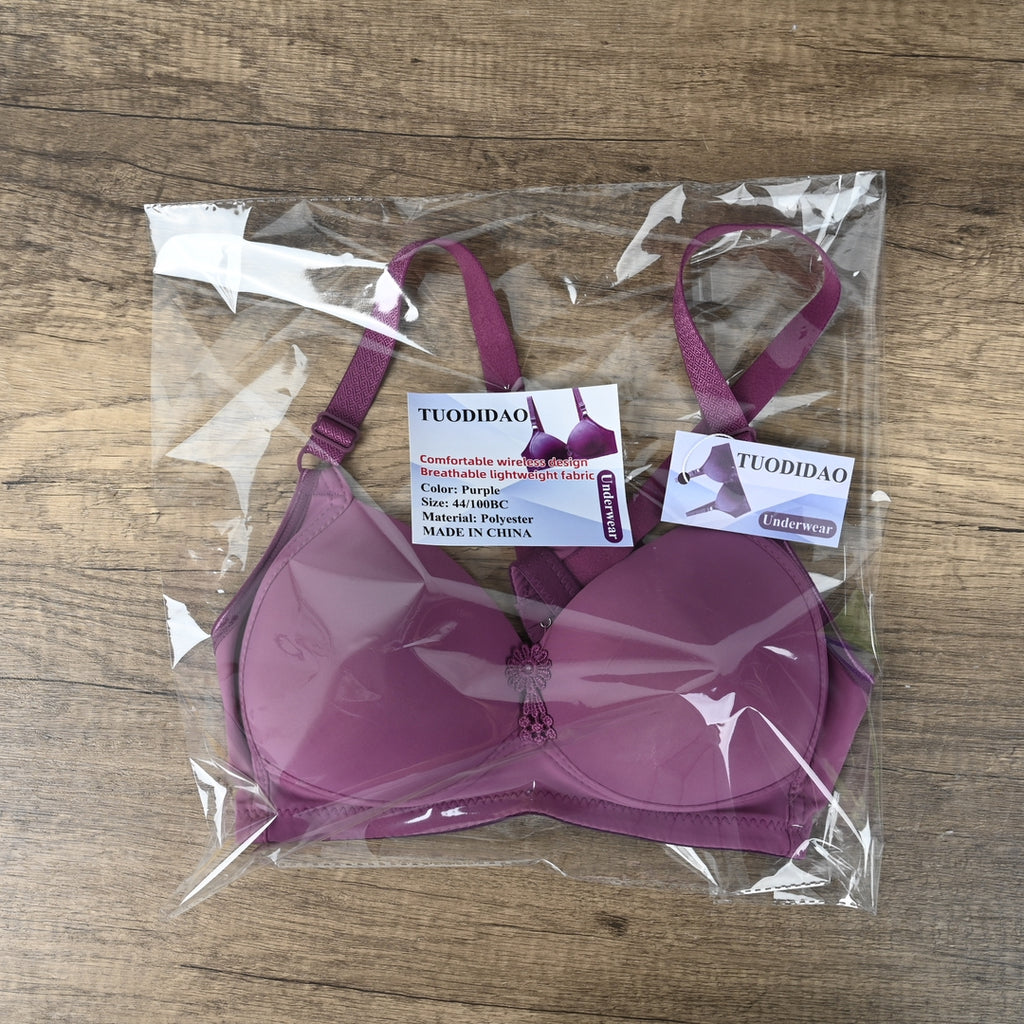 TUODIDAO Underwear Purple Plus Size Wirefree Bra Breathable Lightweight Natural Lift Side Smoothing