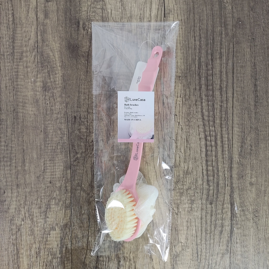 LuxeCasa Long Handle Bath brushes with Bristles and Loofah - Pink