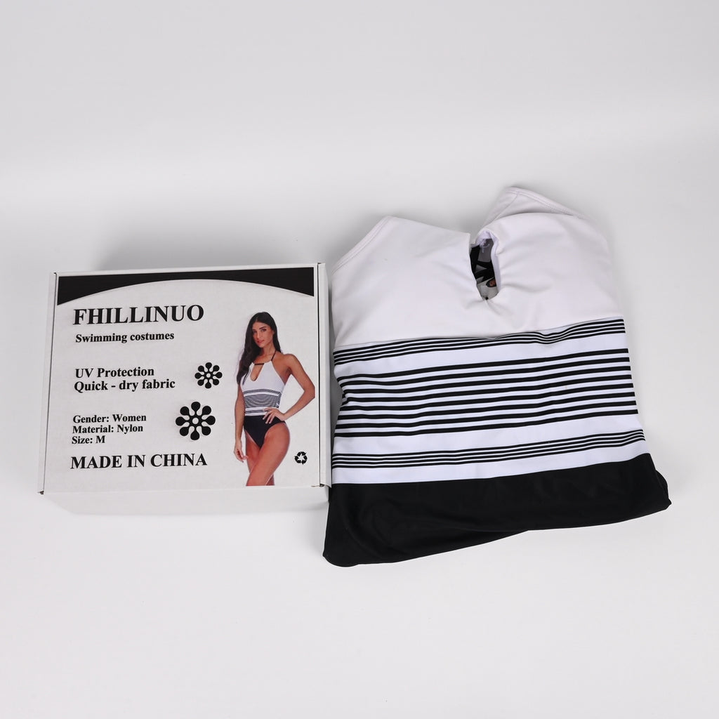 FHILLINUO Women's Classic Striped Swimming Costumes One-Piece Beach Wear Black and White Nylon Summer Swimming Suits